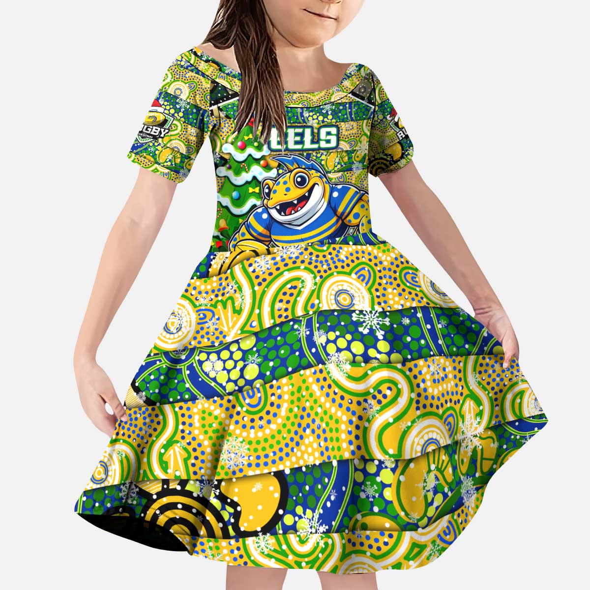 Custom Eels Rugby Merry Christmas Kid Short Sleeve Dress Indigenous Australian Art