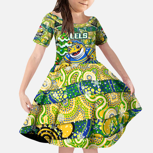 Custom Eels Rugby Merry Christmas Kid Short Sleeve Dress Indigenous Australian Art