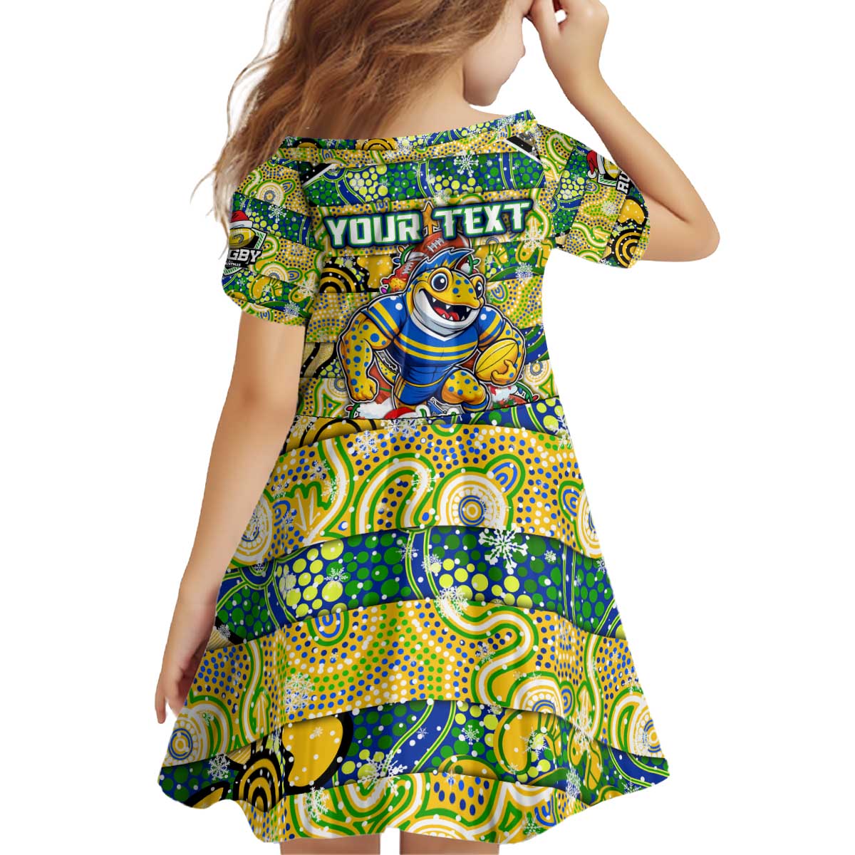 Custom Eels Rugby Merry Christmas Kid Short Sleeve Dress Indigenous Australian Art