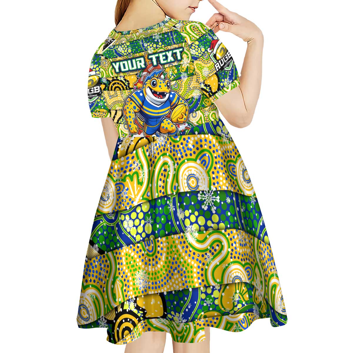Custom Eels Rugby Merry Christmas Kid Short Sleeve Dress Indigenous Australian Art