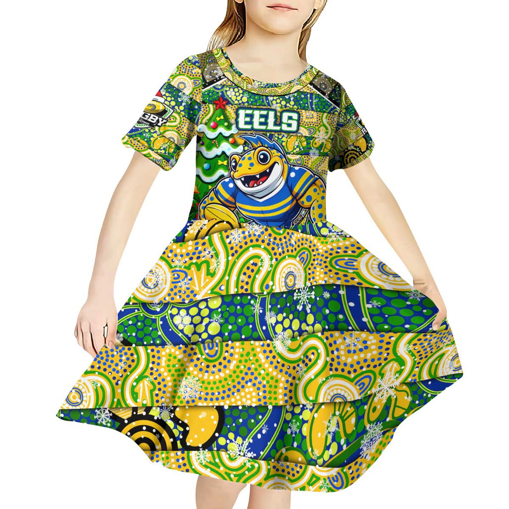 Custom Eels Rugby Merry Christmas Kid Short Sleeve Dress Indigenous Australian Art