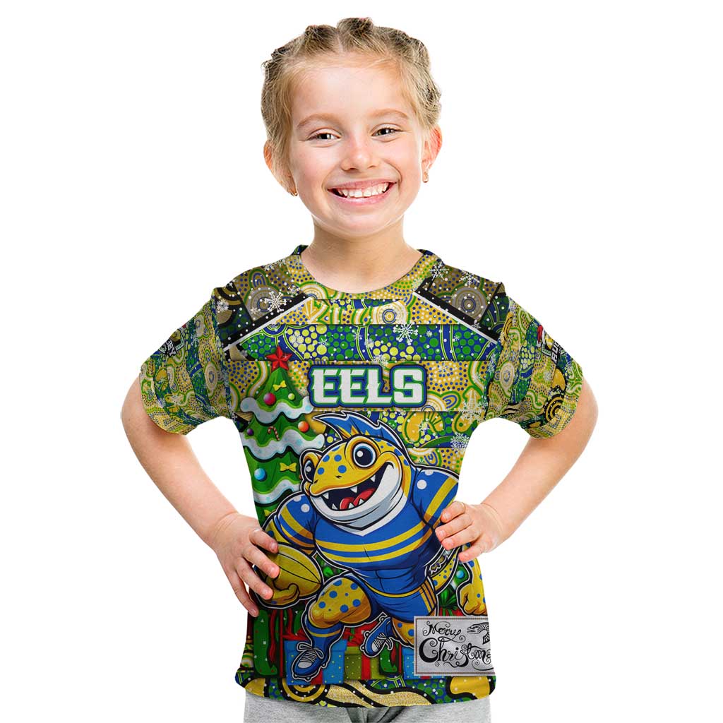 Custom Eels Rugby Merry Christmas Kid T Shirt Indigenous Australian Art