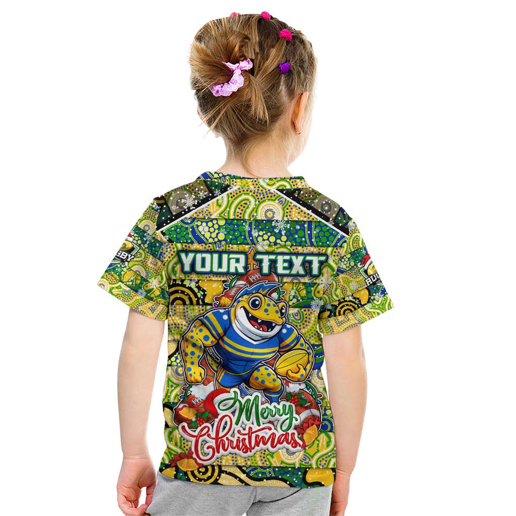 Custom Eels Rugby Merry Christmas Kid T Shirt Indigenous Australian Art