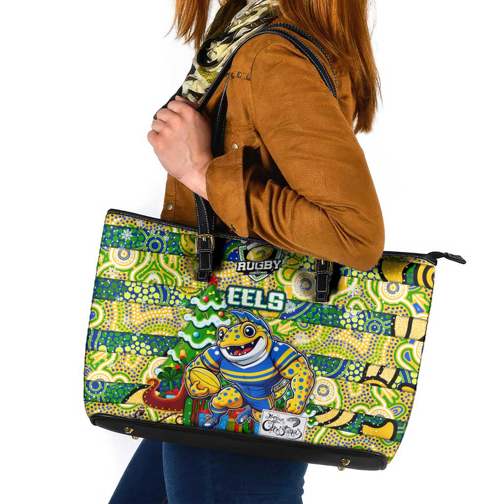 Eels Rugby Merry Christmas Leather Tote Bag Indigenous Australian Art