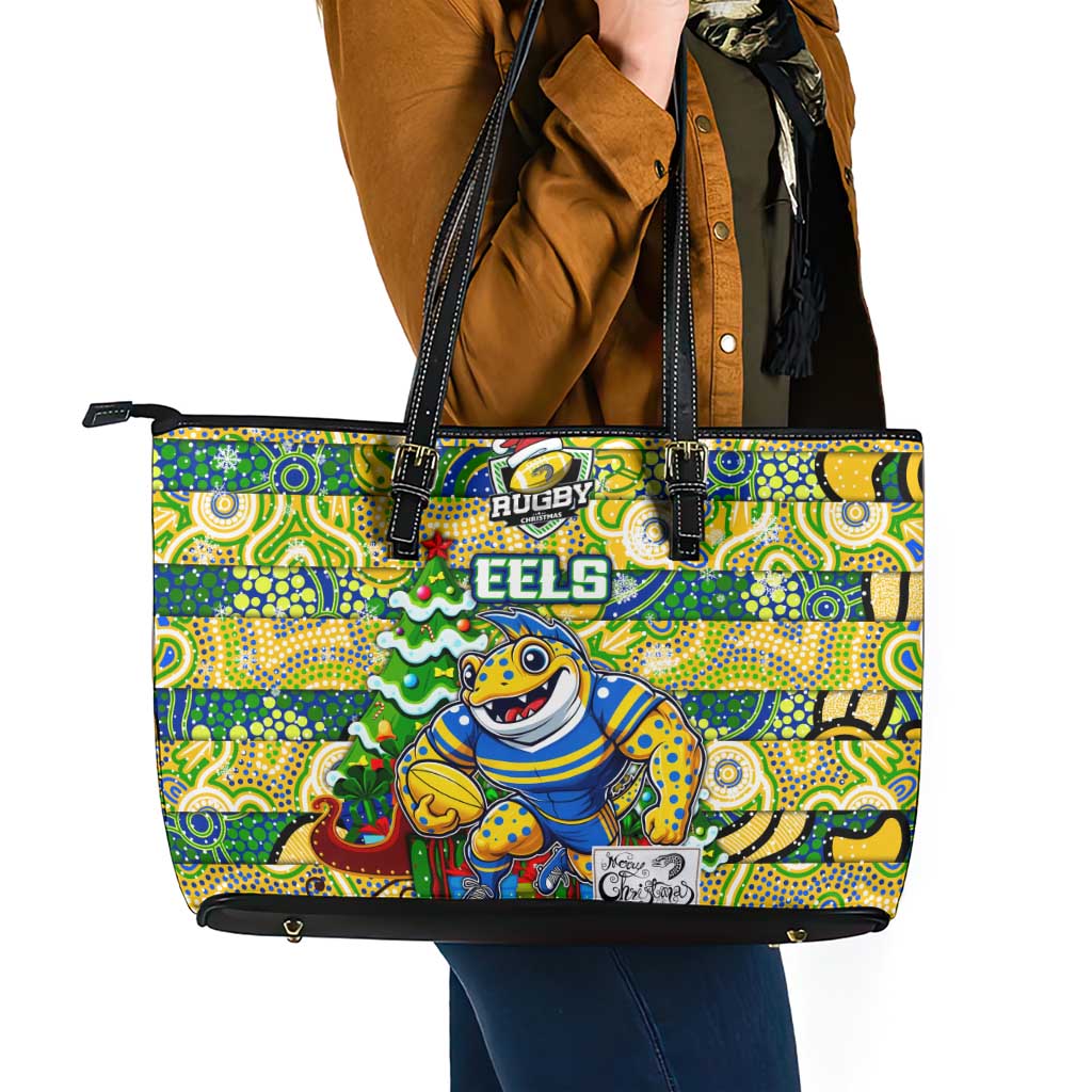 Eels Rugby Merry Christmas Leather Tote Bag Indigenous Australian Art