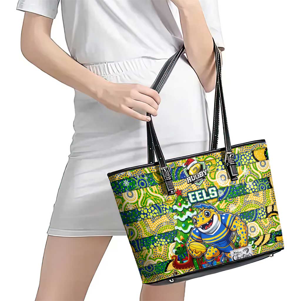 Eels Rugby Merry Christmas Leather Tote Bag Indigenous Australian Art