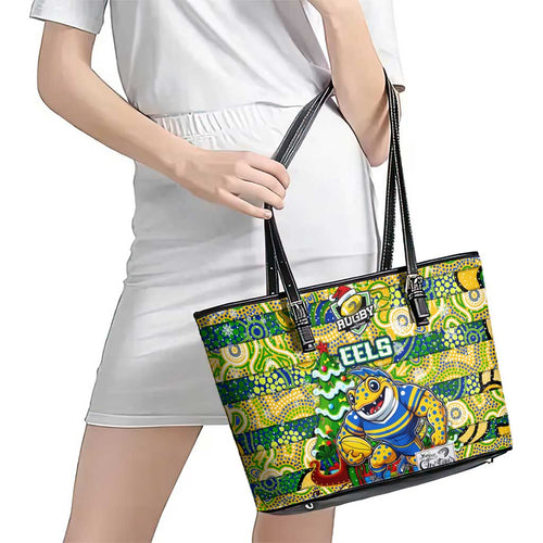 Eels Rugby Merry Christmas Leather Tote Bag Indigenous Australian Art