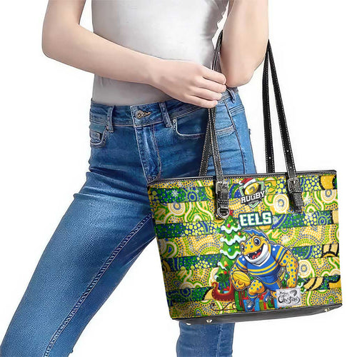 Eels Rugby Merry Christmas Leather Tote Bag Indigenous Australian Art