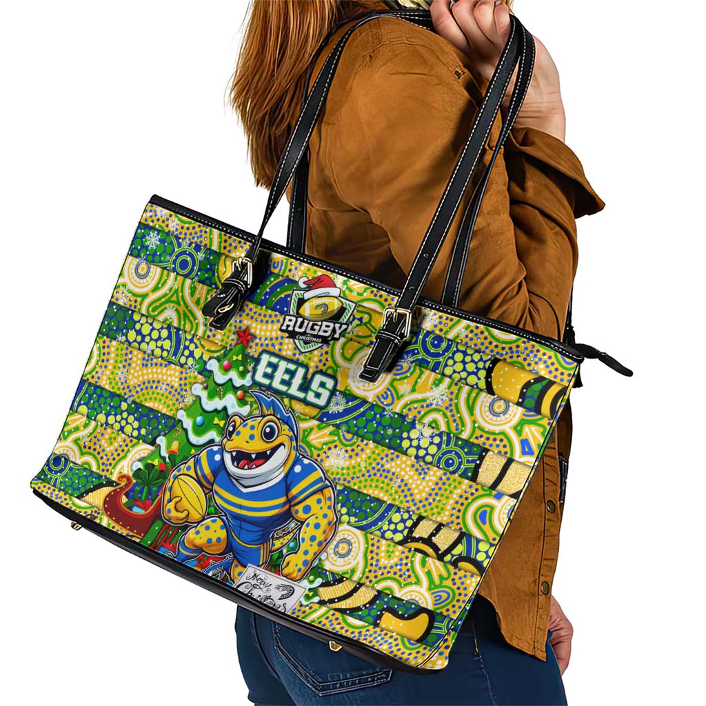 Eels Rugby Merry Christmas Leather Tote Bag Indigenous Australian Art
