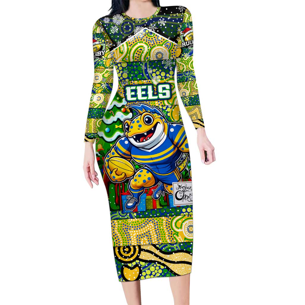 Custom Eels Rugby Merry Christmas Long Sleeve Bodycon Dress Indigenous Australian Art