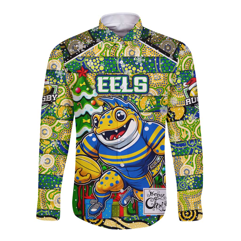 Custom Eels Rugby Merry Christmas Long Sleeve Button Shirt Indigenous Australian Art