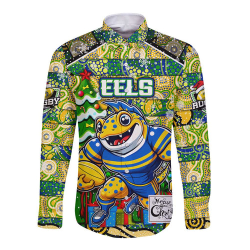 Custom Eels Rugby Merry Christmas Long Sleeve Button Shirt Indigenous Australian Art