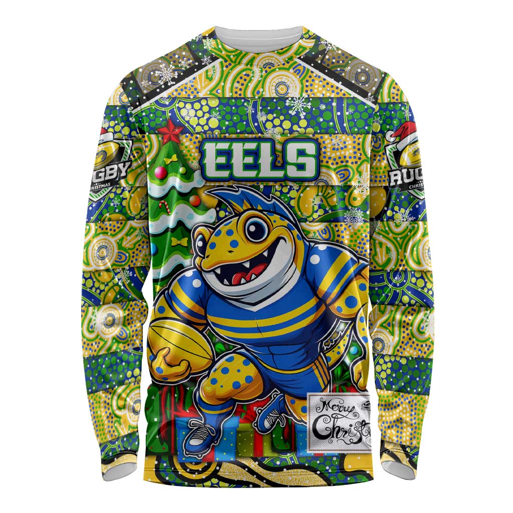 Custom Eels Rugby Merry Christmas Long Sleeve Shirt Indigenous Australian Art
