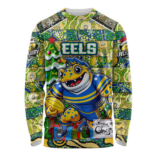 Custom Eels Rugby Merry Christmas Long Sleeve Shirt Indigenous Australian Art