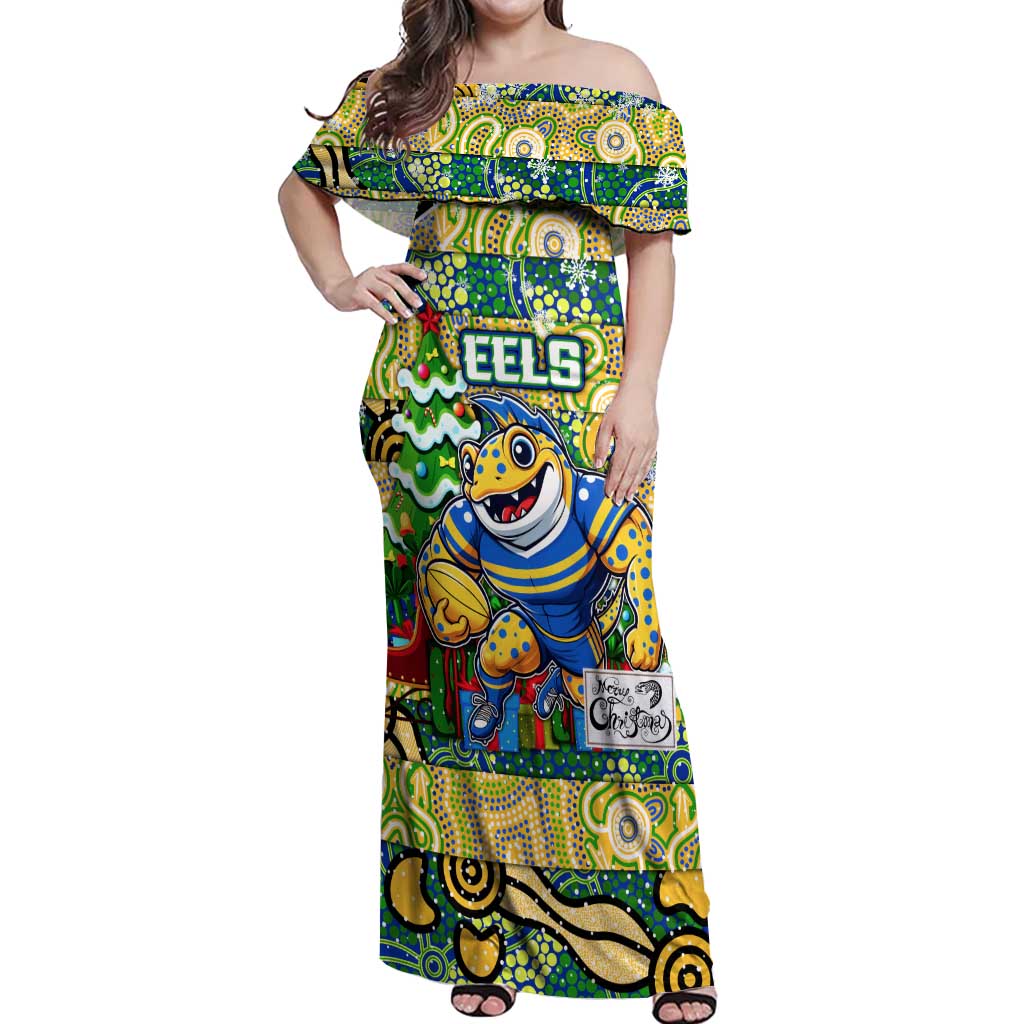Custom Eels Rugby Merry Christmas Off Shoulder Maxi Dress Indigenous Australian Art