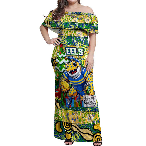 Custom Eels Rugby Merry Christmas Off Shoulder Maxi Dress Indigenous Australian Art