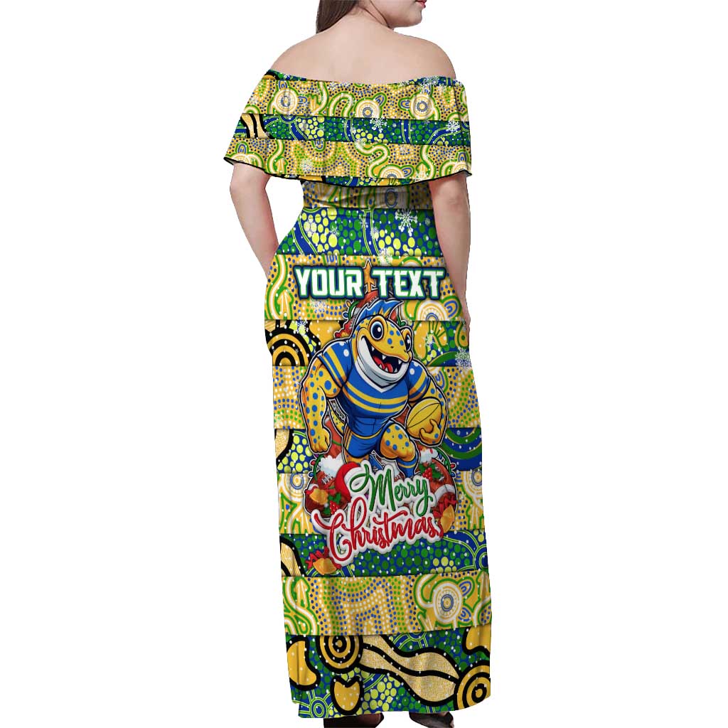 Custom Eels Rugby Merry Christmas Off Shoulder Maxi Dress Indigenous Australian Art