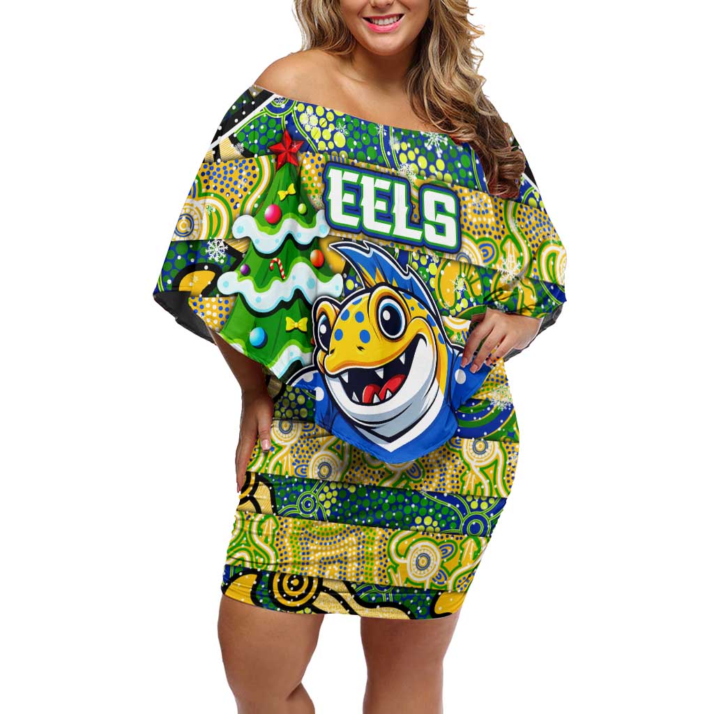 Custom Eels Rugby Merry Christmas Off Shoulder Short Dress Indigenous Australian Art