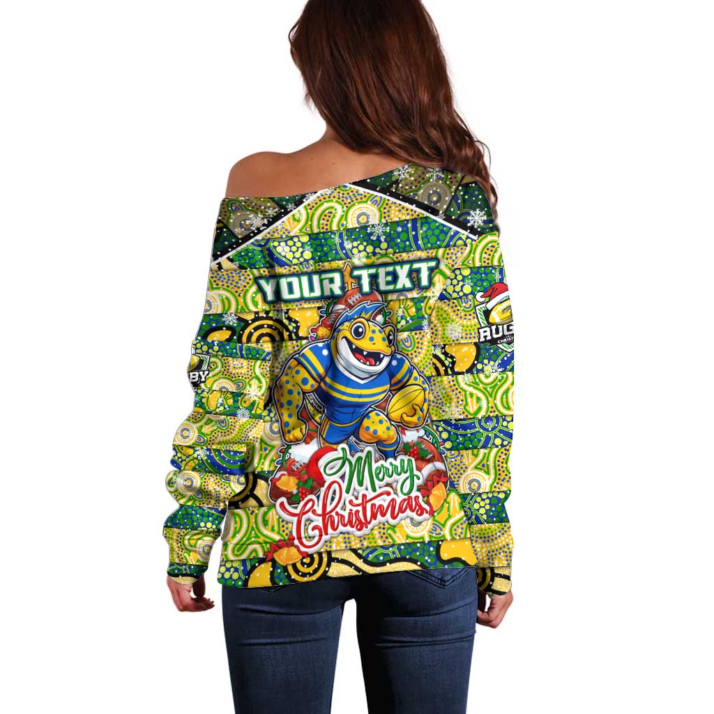Custom Eels Rugby Merry Christmas Off Shoulder Sweater Indigenous Australian Art