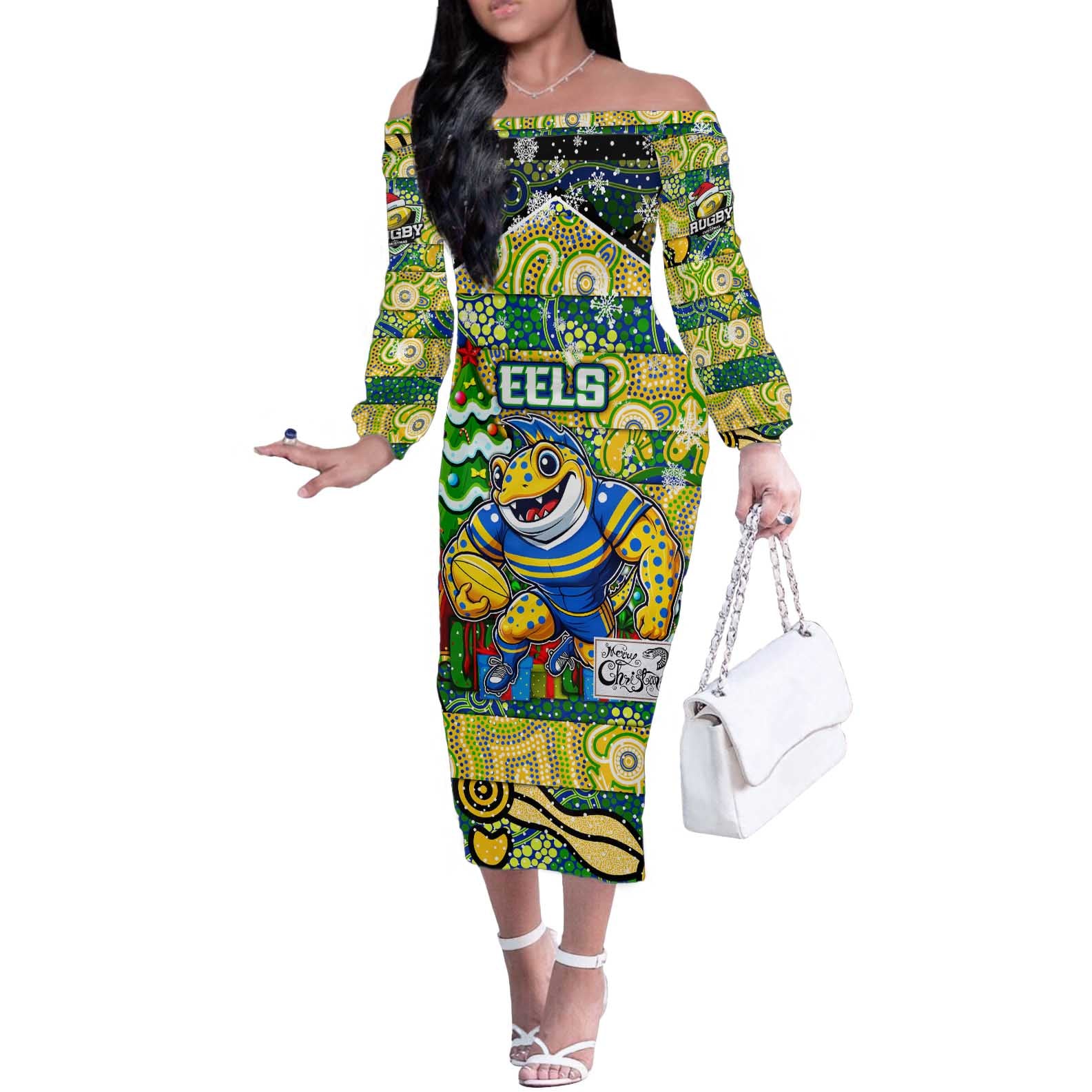 Custom Eels Rugby Merry Christmas Off The Shoulder Long Sleeve Dress Indigenous Australian Art