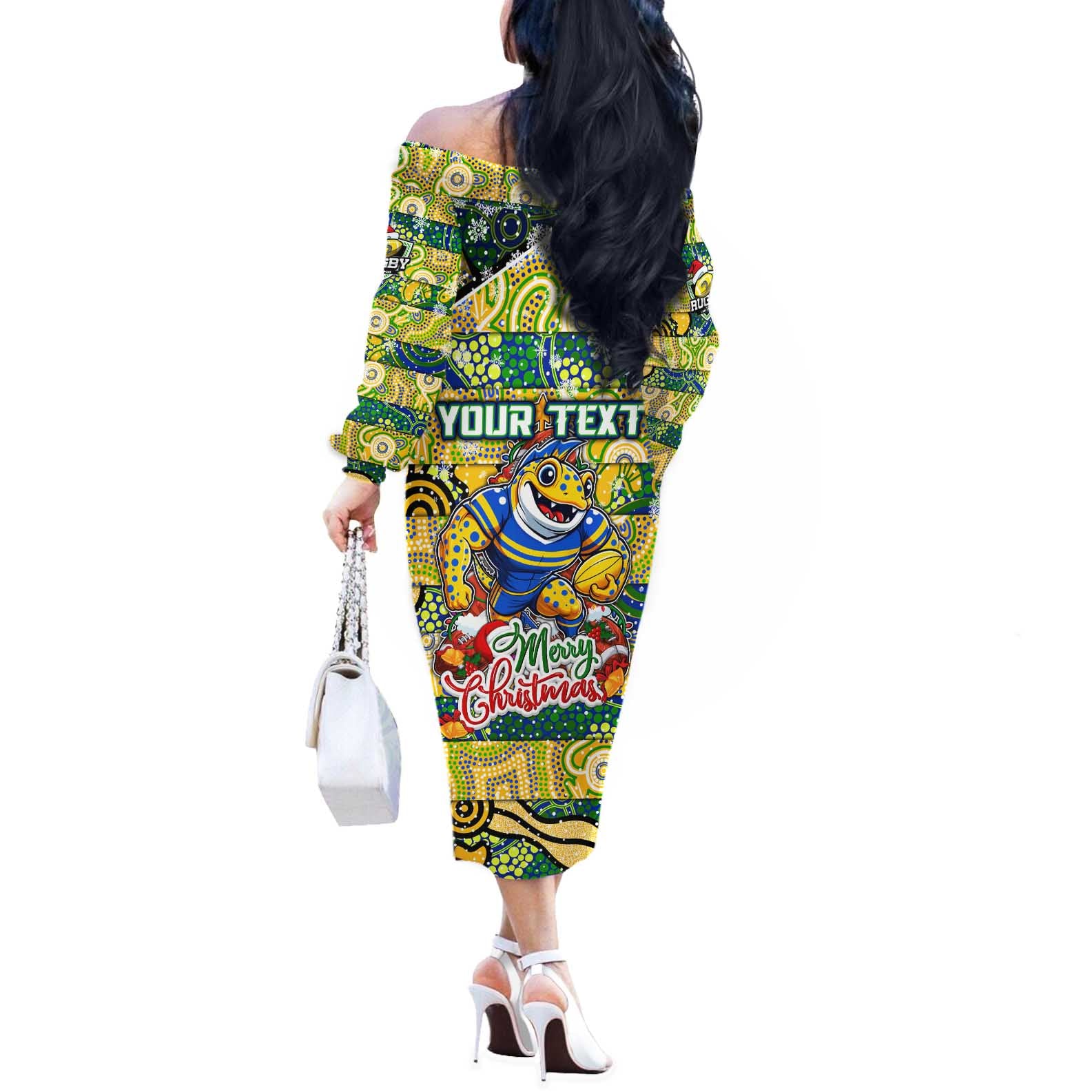Custom Eels Rugby Merry Christmas Off The Shoulder Long Sleeve Dress Indigenous Australian Art