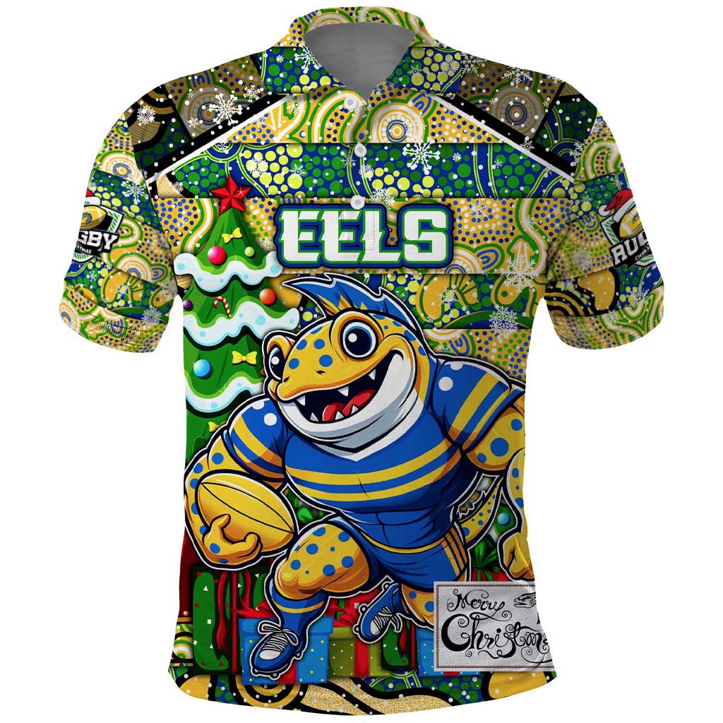 Custom Eels Rugby Merry Christmas Polo Shirt Indigenous Australian Art