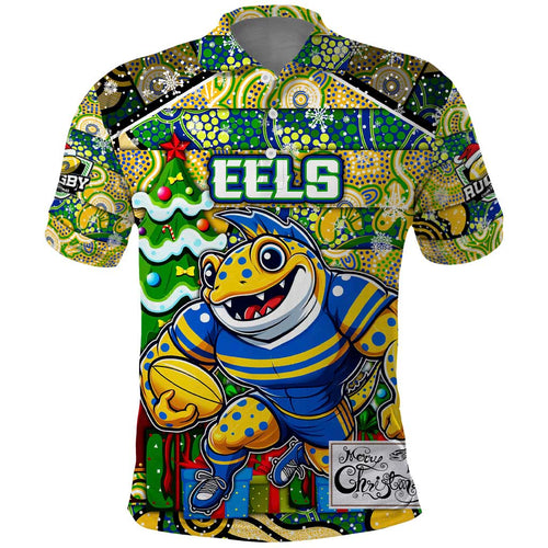 Custom Eels Rugby Merry Christmas Polo Shirt Indigenous Australian Art