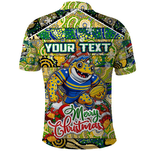 Custom Eels Rugby Merry Christmas Polo Shirt Indigenous Australian Art
