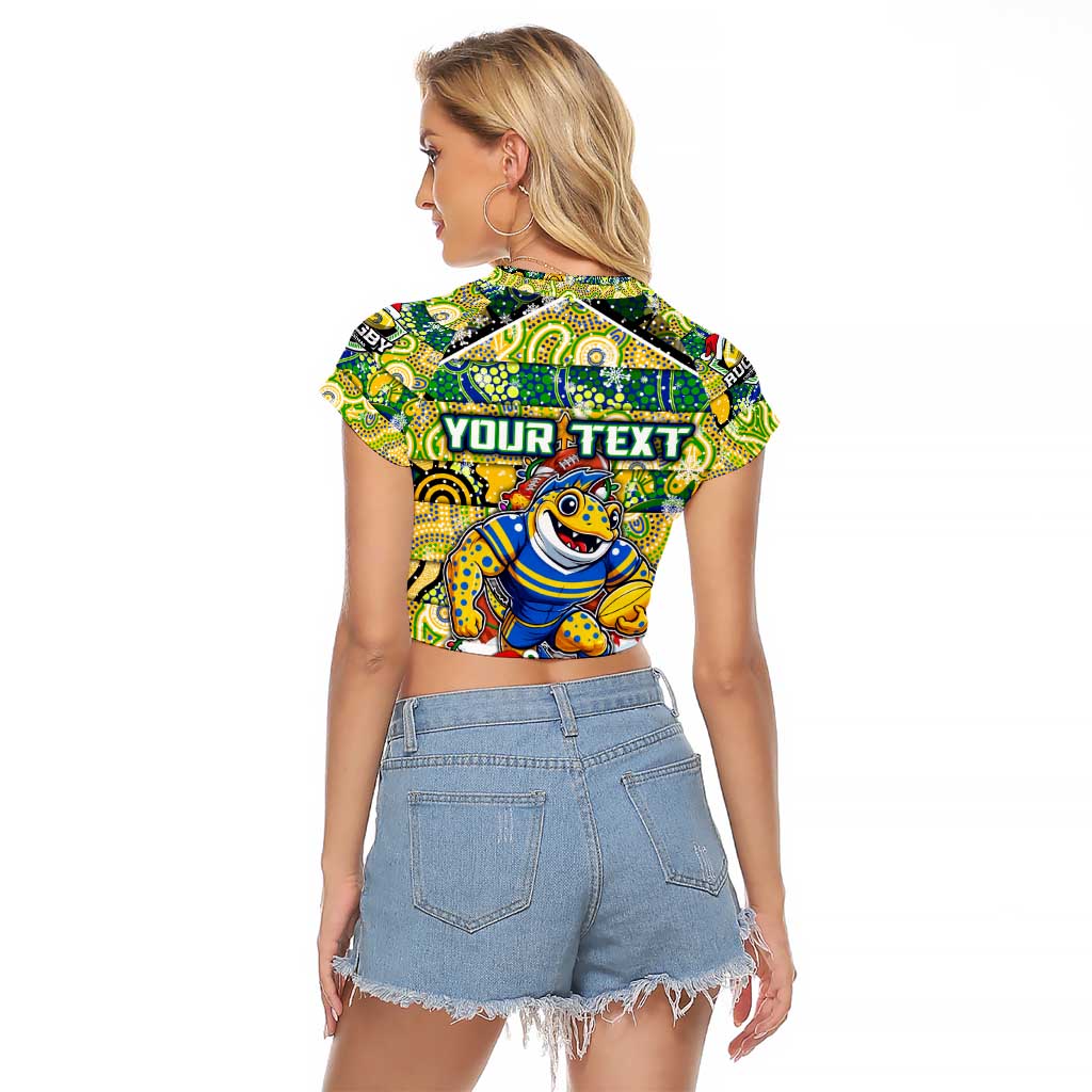 Custom Eels Rugby Merry Christmas Raglan Cropped T Shirt Indigenous Australian Art