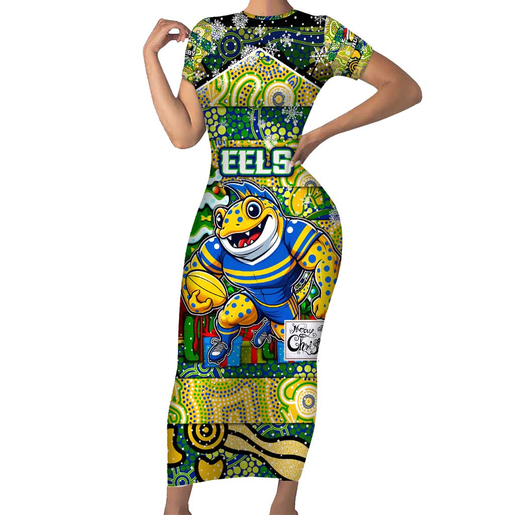 Custom Eels Rugby Merry Christmas Short Sleeve Bodycon Dress Indigenous Australian Art