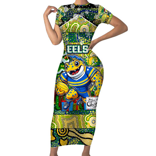 Custom Eels Rugby Merry Christmas Short Sleeve Bodycon Dress Indigenous Australian Art
