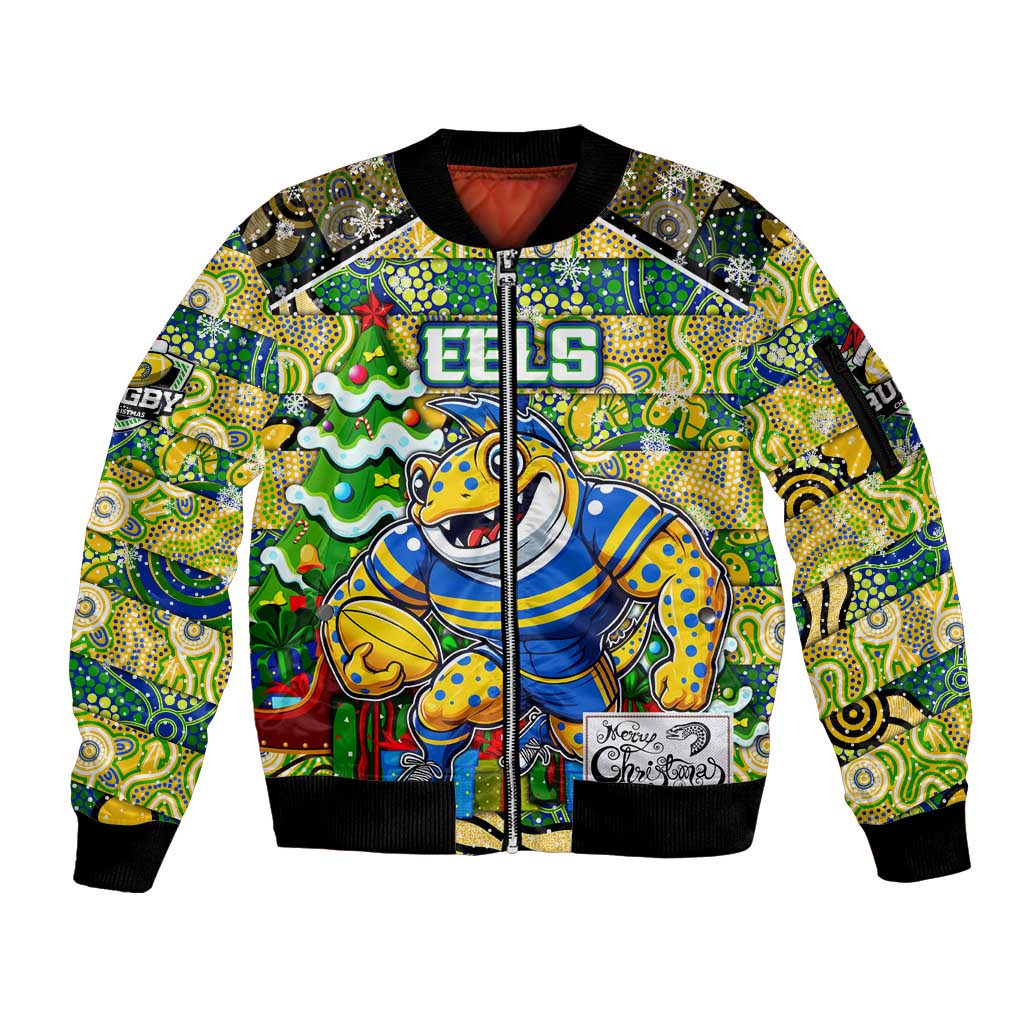 Custom Eels Rugby Merry Christmas Sleeve Zip Bomber Jacket Indigenous Australian Art