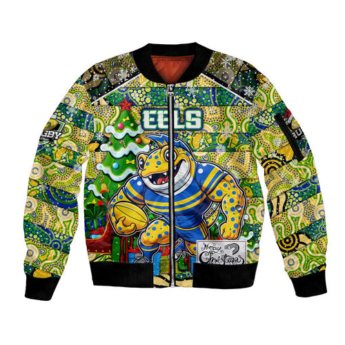 Custom Eels Rugby Merry Christmas Sleeve Zip Bomber Jacket Indigenous Australian Art