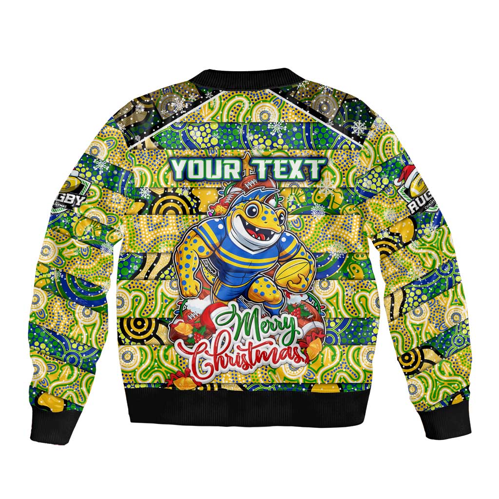 Custom Eels Rugby Merry Christmas Sleeve Zip Bomber Jacket Indigenous Australian Art