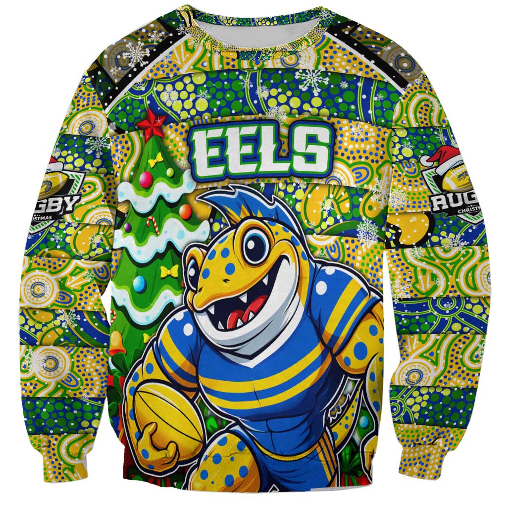 Custom Eels Rugby Merry Christmas Sweatshirt Indigenous Australian Art