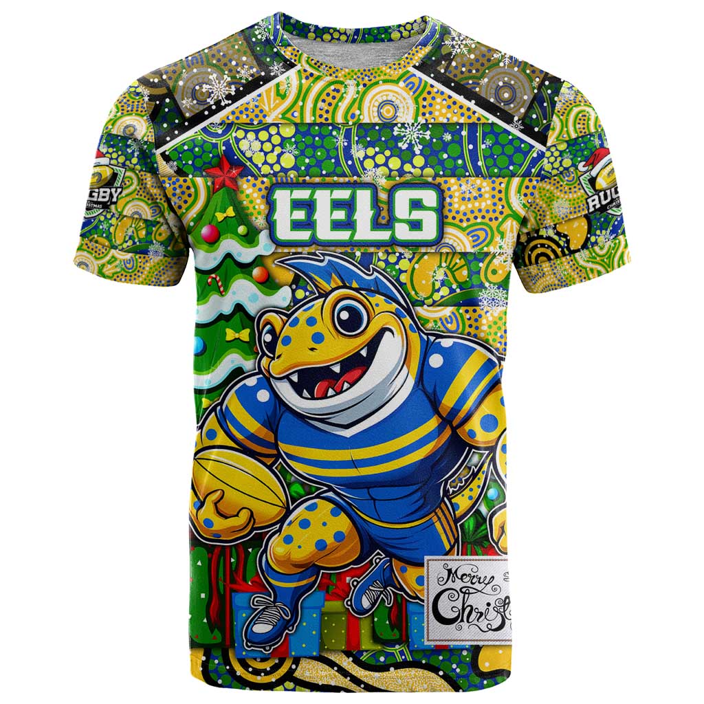 Custom Eels Rugby Merry Christmas T Shirt Indigenous Australian Art