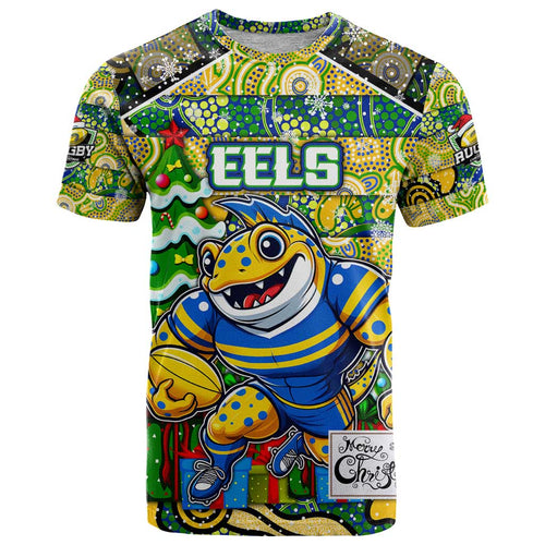 Custom Eels Rugby Merry Christmas T Shirt Indigenous Australian Art