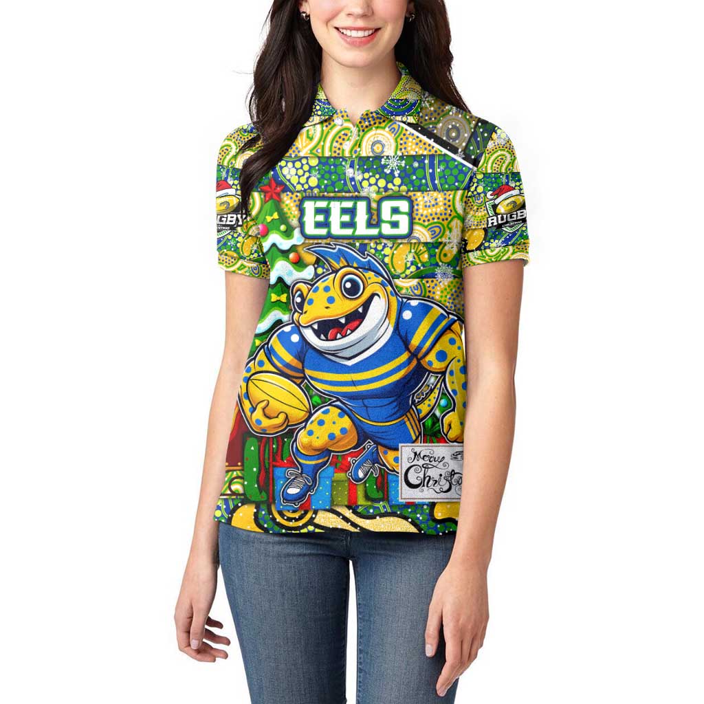 Custom Eels Rugby Merry Christmas Women Polo Shirt Indigenous Australian Art