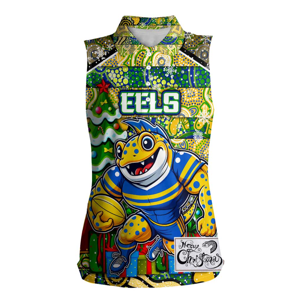 Custom Eels Rugby Merry Christmas Women Sleeveless Polo Shirt Indigenous Australian Art