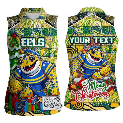 Custom Eels Rugby Merry Christmas Women Sleeveless Polo Shirt Indigenous Australian Art