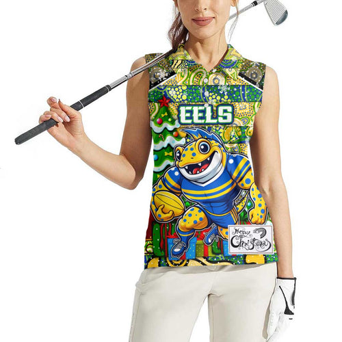 Custom Eels Rugby Merry Christmas Women Sleeveless Polo Shirt Indigenous Australian Art