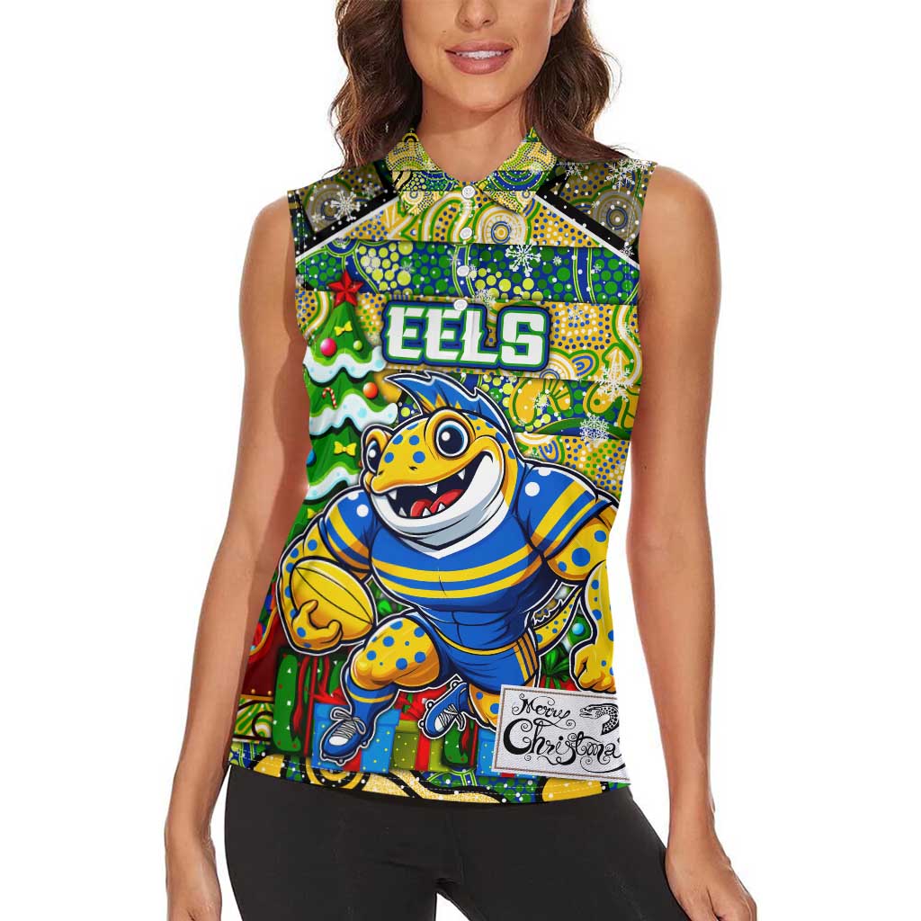 Custom Eels Rugby Merry Christmas Women Sleeveless Polo Shirt Indigenous Australian Art
