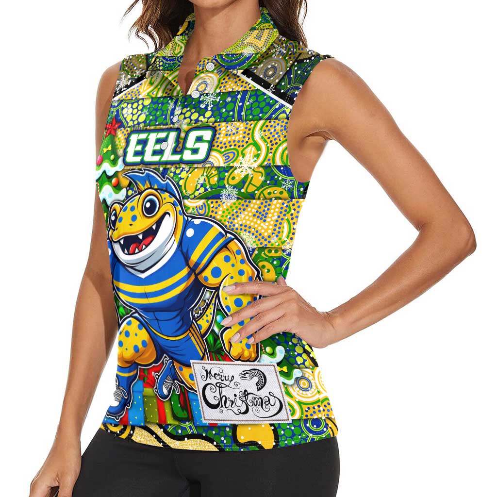 Custom Eels Rugby Merry Christmas Women Sleeveless Polo Shirt Indigenous Australian Art