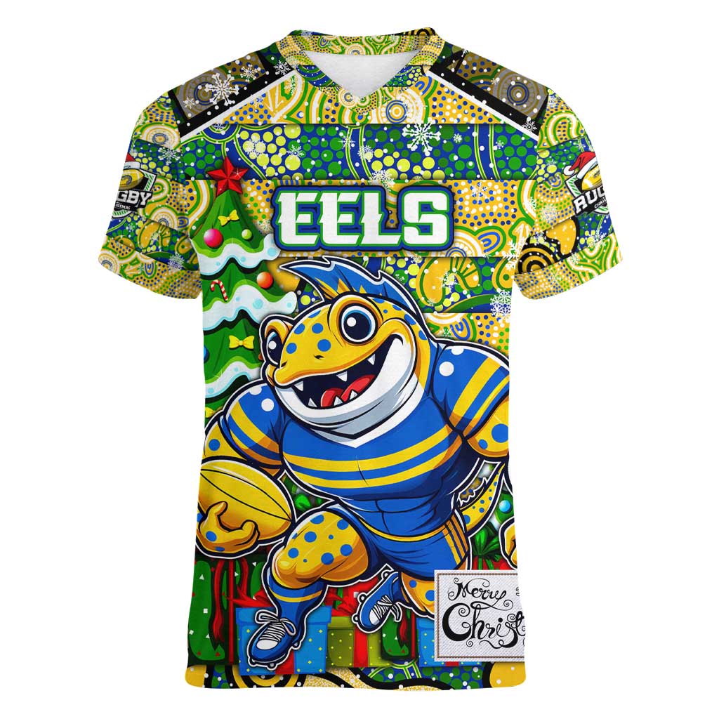 Custom Eels Rugby Merry Christmas Women V-Neck T-Shirt Indigenous Australian Art