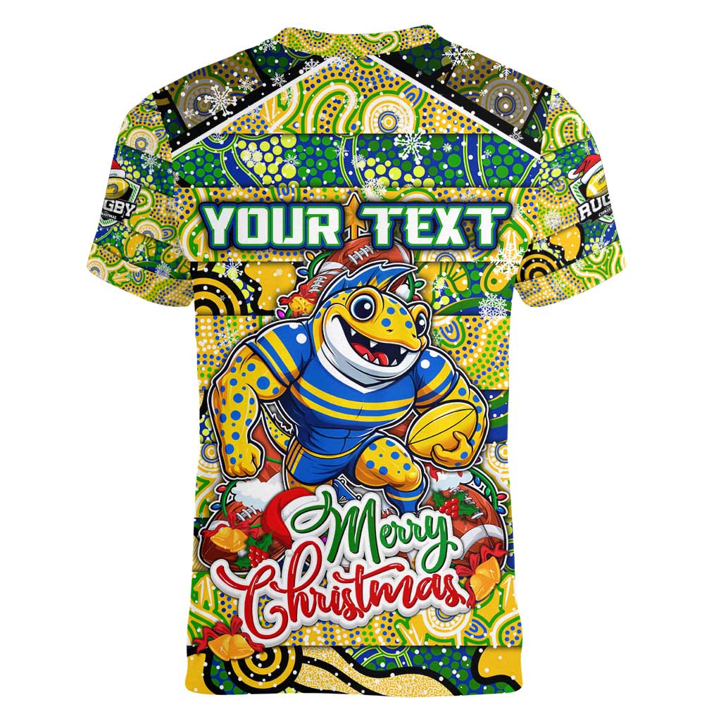 Custom Eels Rugby Merry Christmas Women V-Neck T-Shirt Indigenous Australian Art