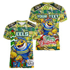 Custom Eels Rugby Merry Christmas Women V-Neck T-Shirt Indigenous Australian Art