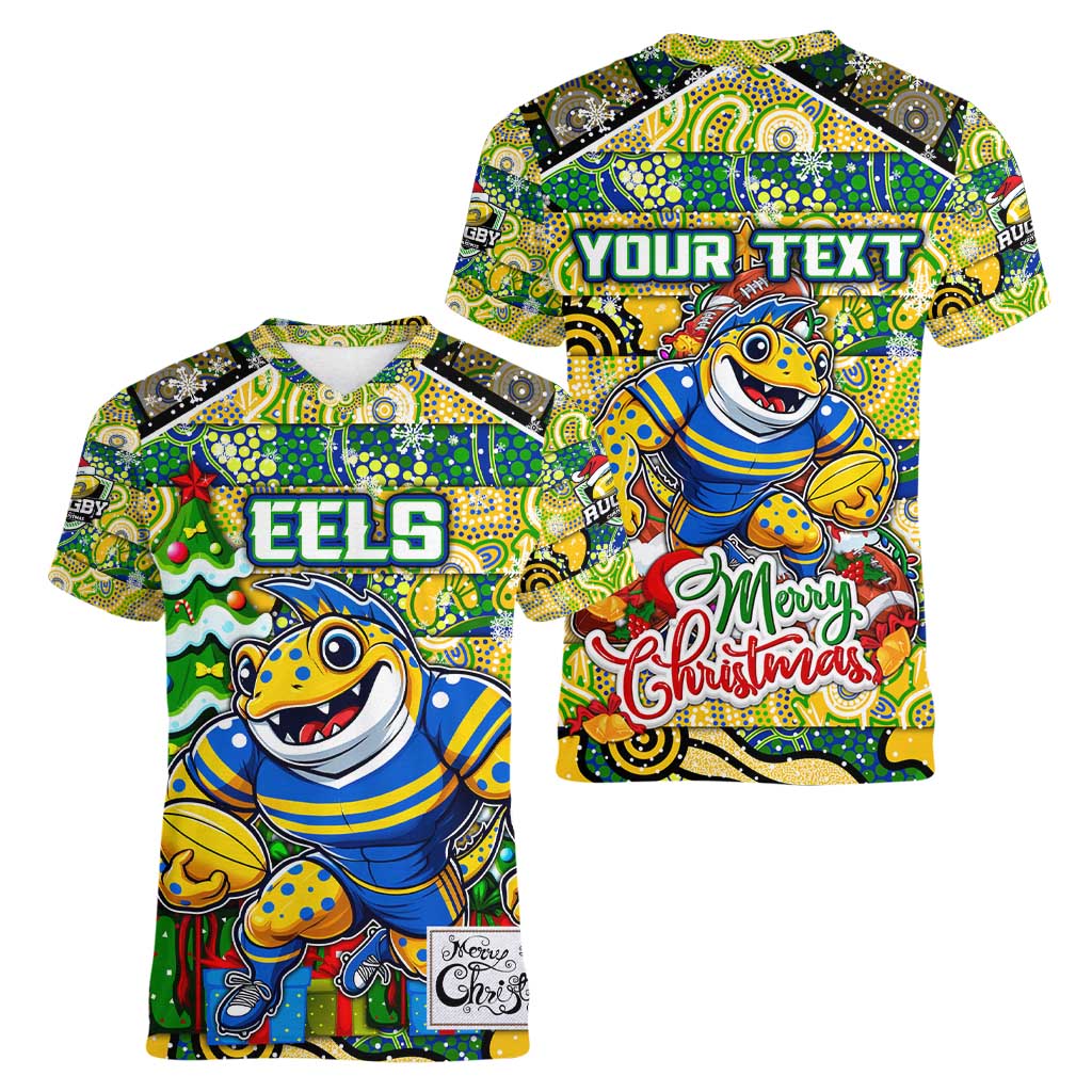 Custom Eels Rugby Merry Christmas Women V-Neck T-Shirt Indigenous Australian Art