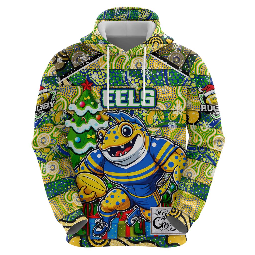 Custom Eels Rugby Merry Christmas Zip Hoodie Indigenous Australian Art