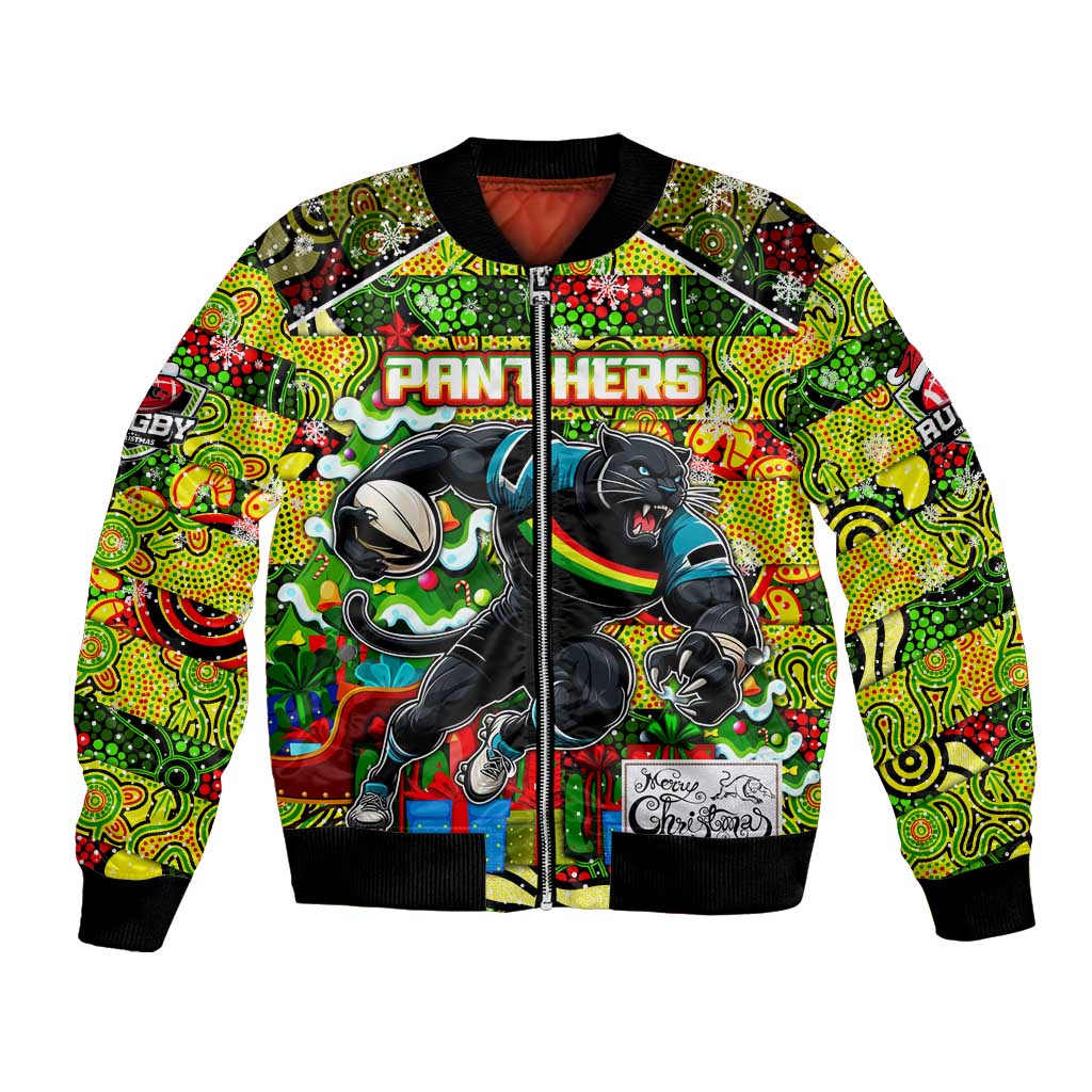 Custom Panthers Rugby Merry Christmas Bomber Jacket Indigenous Australian Art