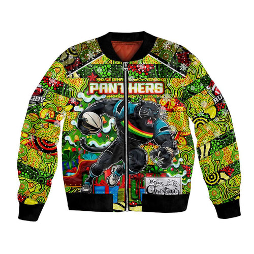 Custom Panthers Rugby Merry Christmas Bomber Jacket Indigenous Australian Art